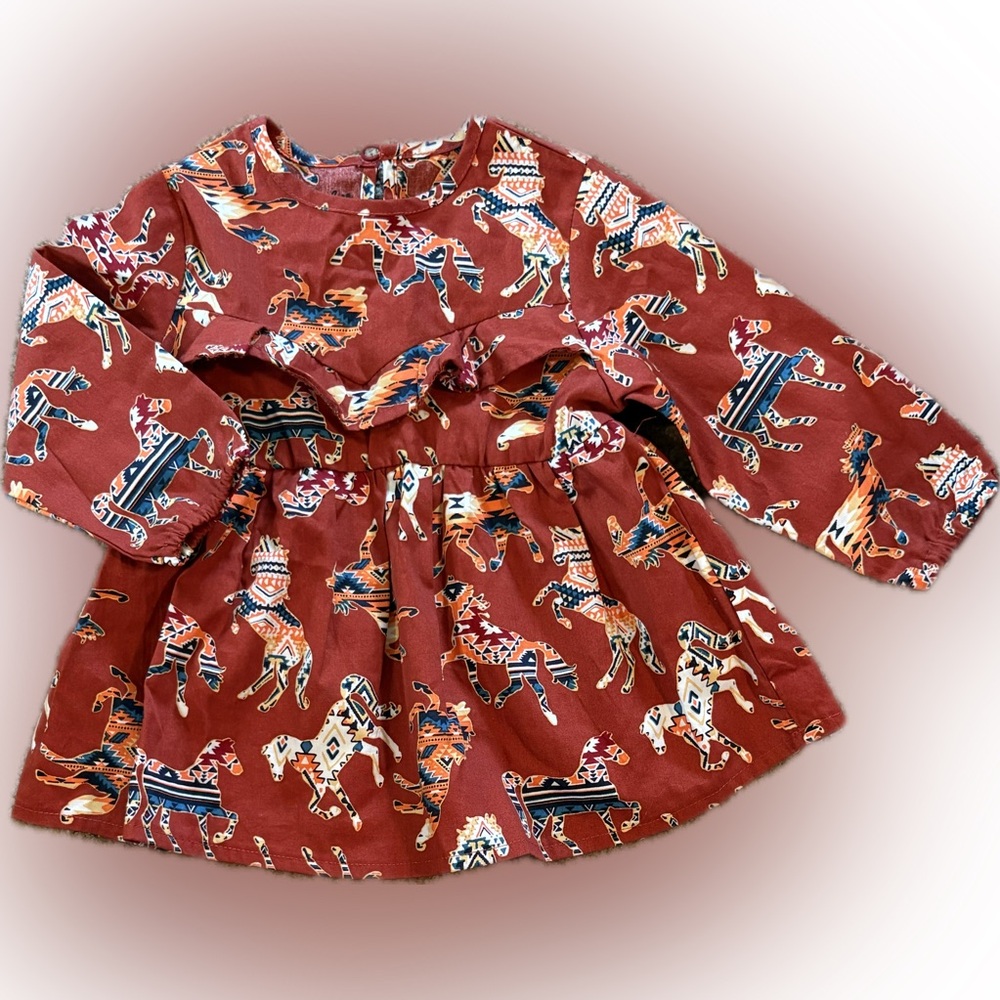 Rust wrangler Long Sleeve Dress with Horse Print